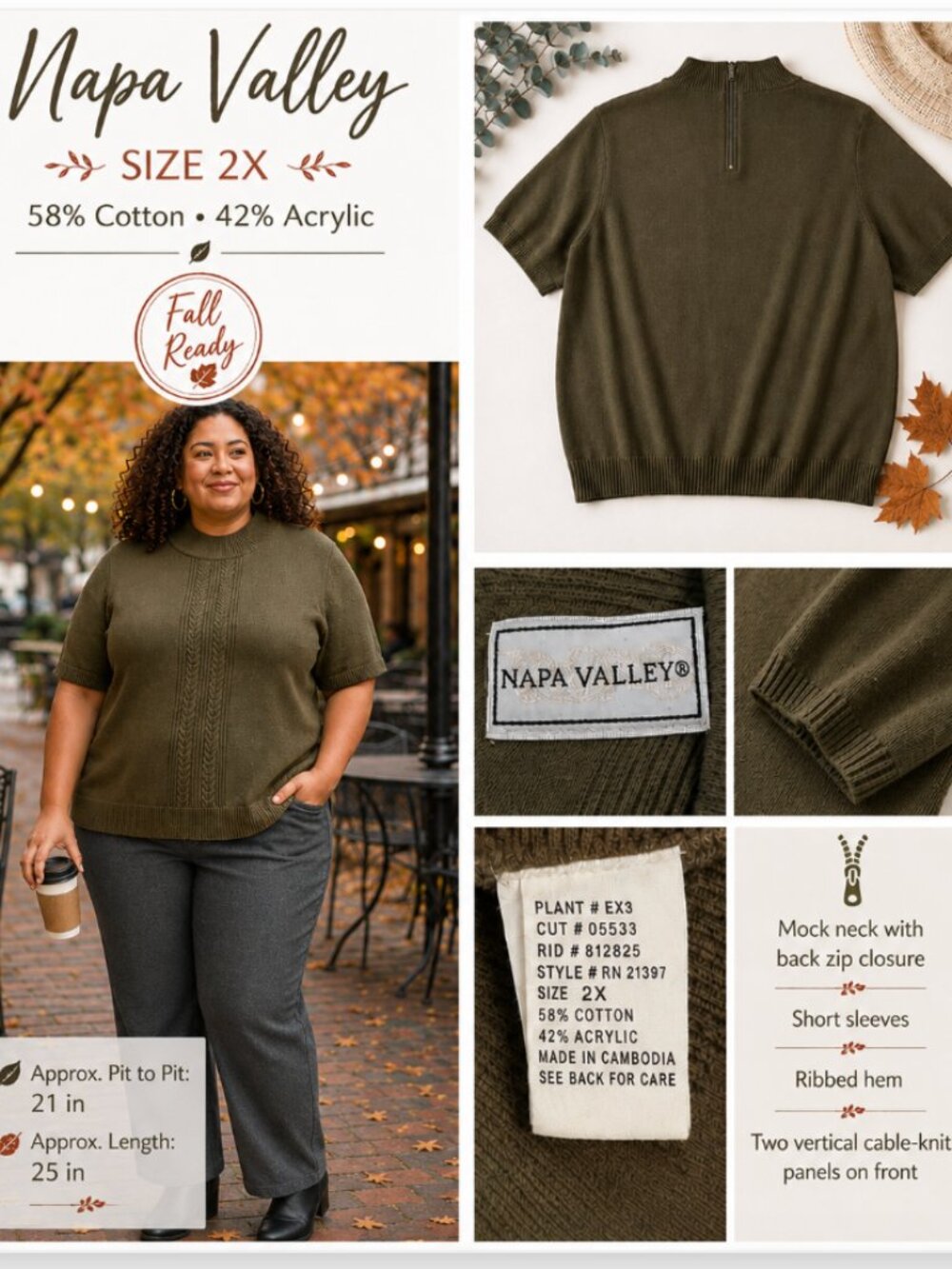🧶 Napa Valley Olive Green Cable Knit Mock Neck Short Sleeve Sweater 2X